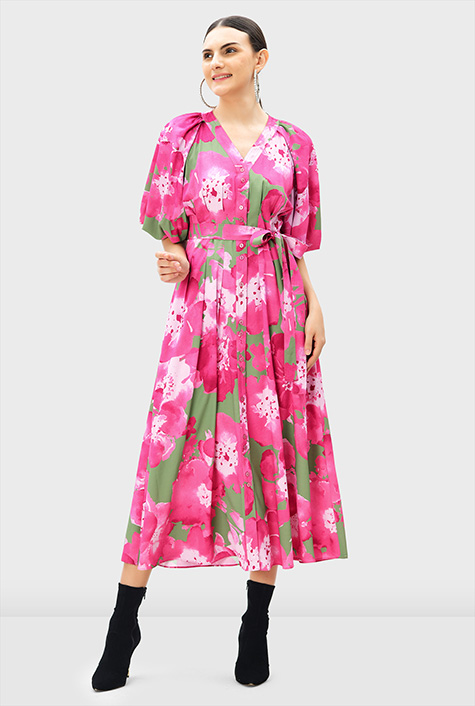 Shop Floral print crepe sash-tie shirtdress | eShakti