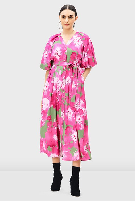 Shop Floral print crepe sash-tie shirtdress | eShakti