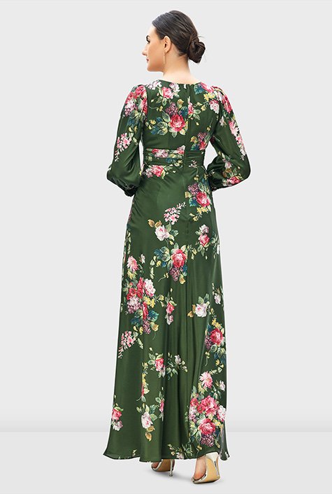 Floral bouquet print satin pleat waist dress