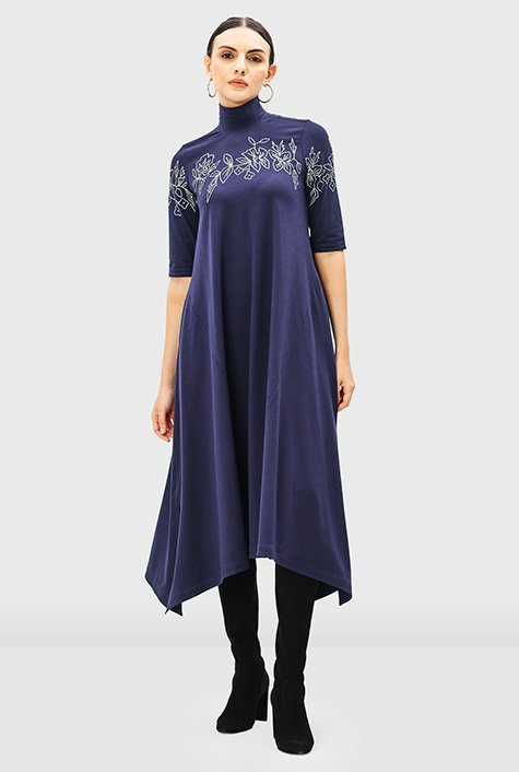 Floral embroidery asymmetric hem cotton jersey shift dress