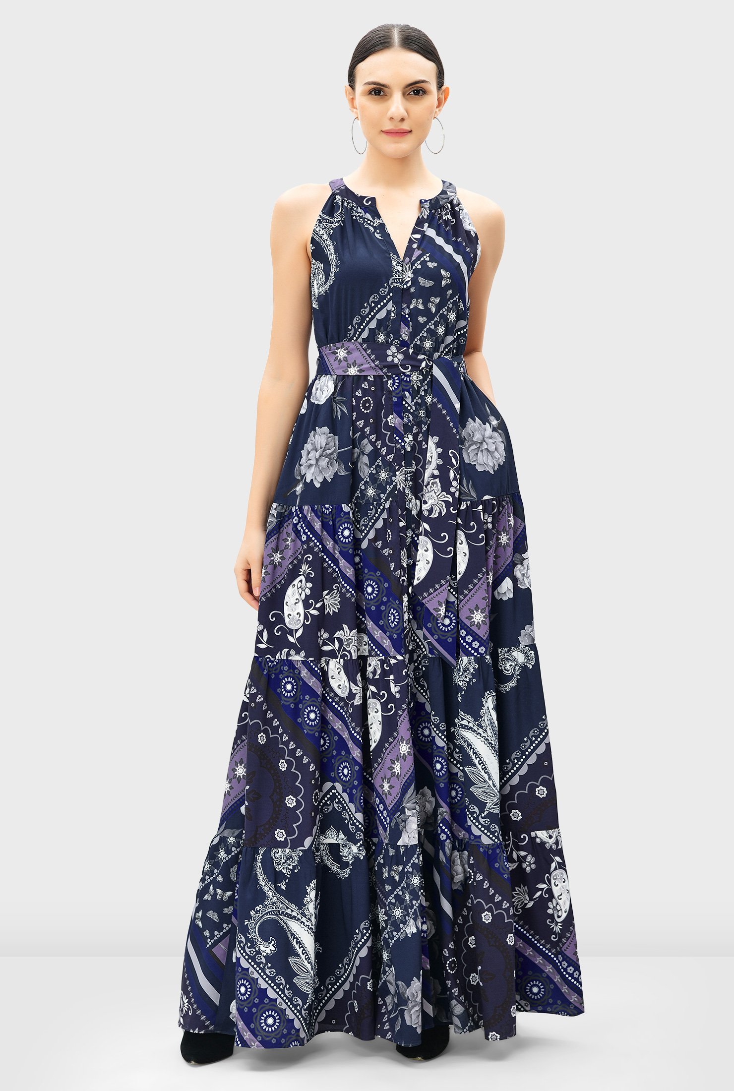 Shop Floral scarf print crepe ruched tier dress | eShakti | Strickhandschuhe