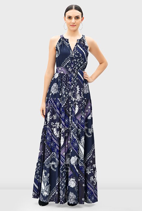 Shop Floral scarf print crepe ruched tier dress | eShakti