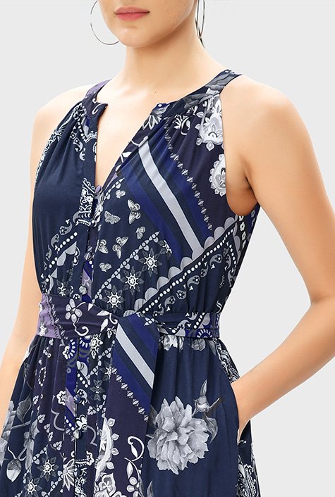 scarf ruched Shop crepe | tier print dress Floral eShakti
