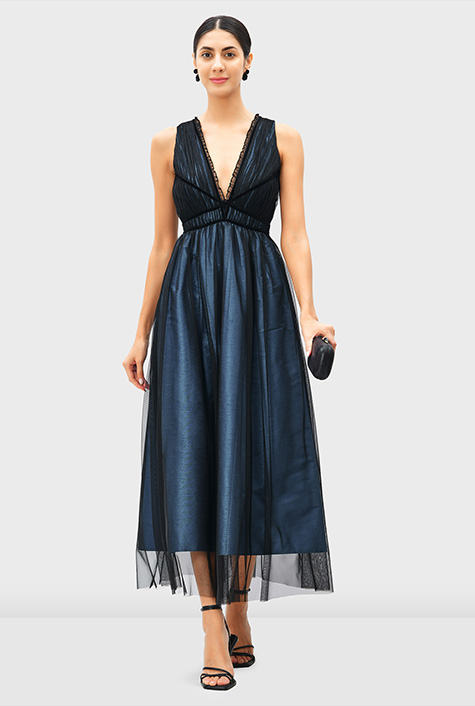 Shop Sheer tulle overlay dupioni dress eShakti