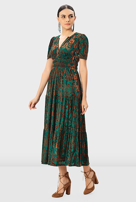 Shop Floral velvet burnout smocked waist tier dress | eShakti