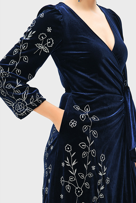 Shop Floral embroidery stretch velvet wrap dress | eShakti