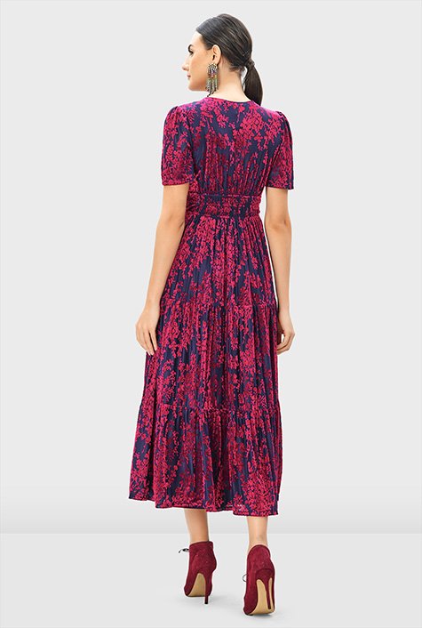 Shop Floral velvet burnout smocked waist tier dress | eShakti