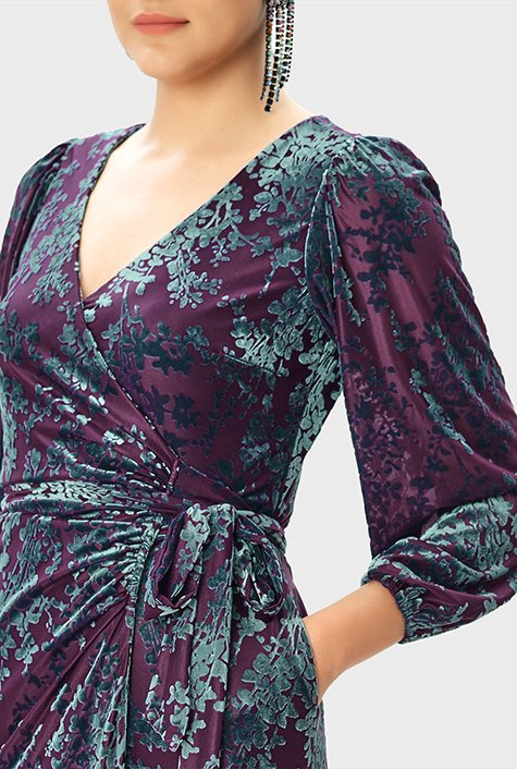 Shop Floral velvet burnout wrap dress | eShakti