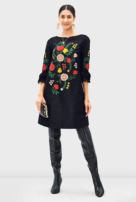 Shop Floral wool embroidery dupioni shift dress | eShakti