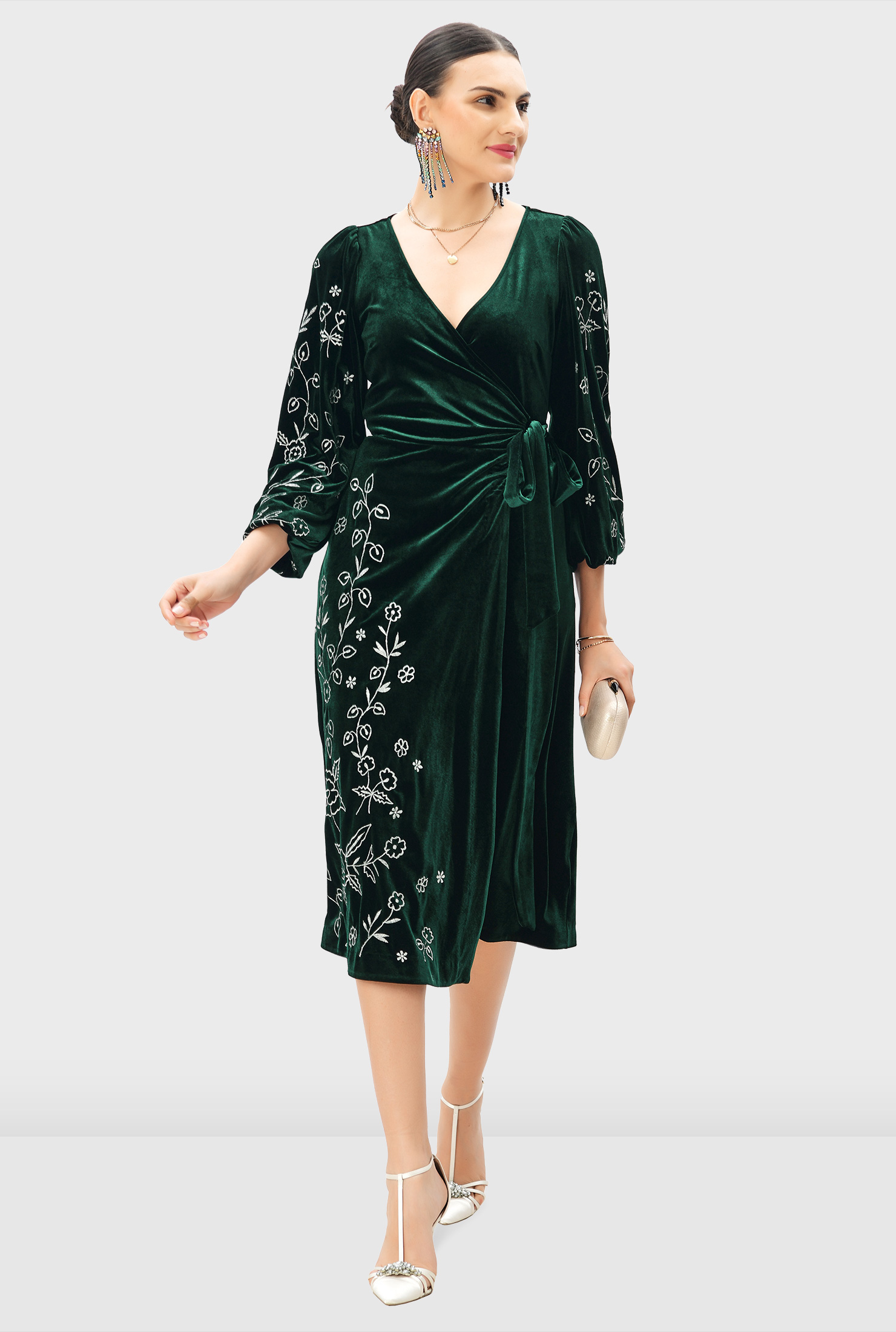 Shop Floral embroidery stretch velvet wrap dress eShakti
