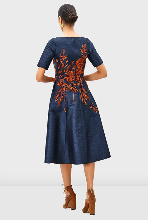 Shop Floral vine embroidery dupioni A-line dress | eShakti