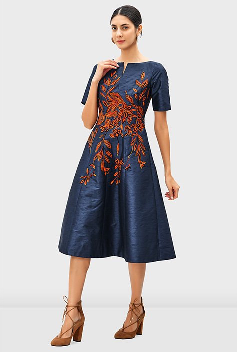 Shop Floral Vine Embroidery Dupioni A-line Dress 