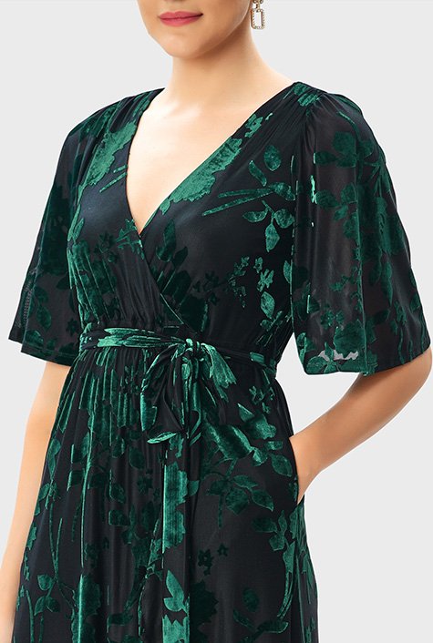 Vented floral velvet burnout surplice maxi dress