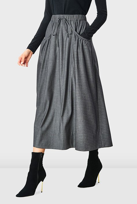 Ruched pocket soft pinstripe twill elastic waist skirt
