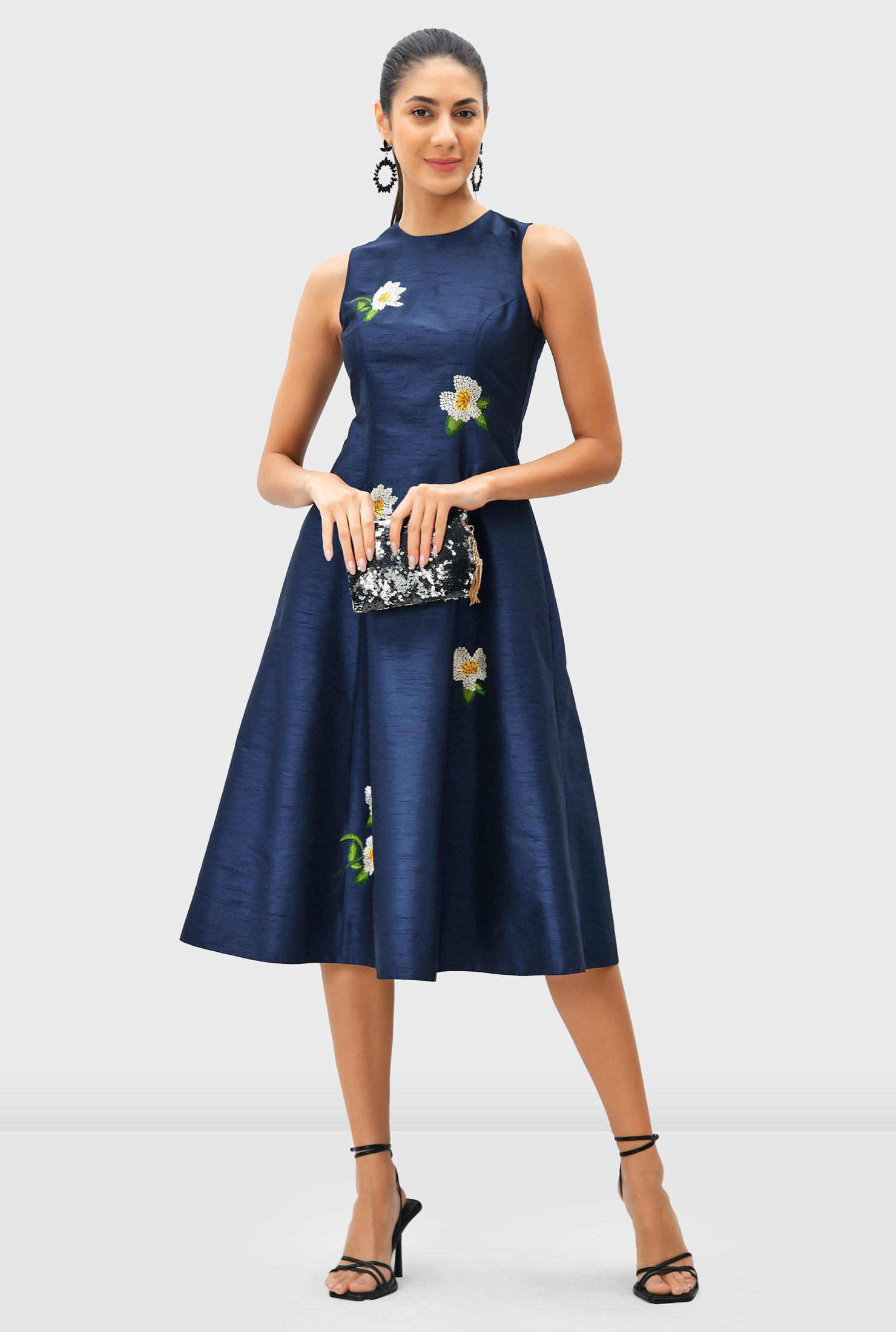 Floral embroidery dupioni A-line dress
