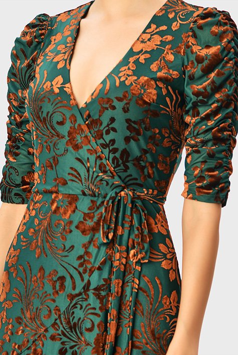 Shop Ruched sleeve floral velvet burnout wrap dress | eShakti