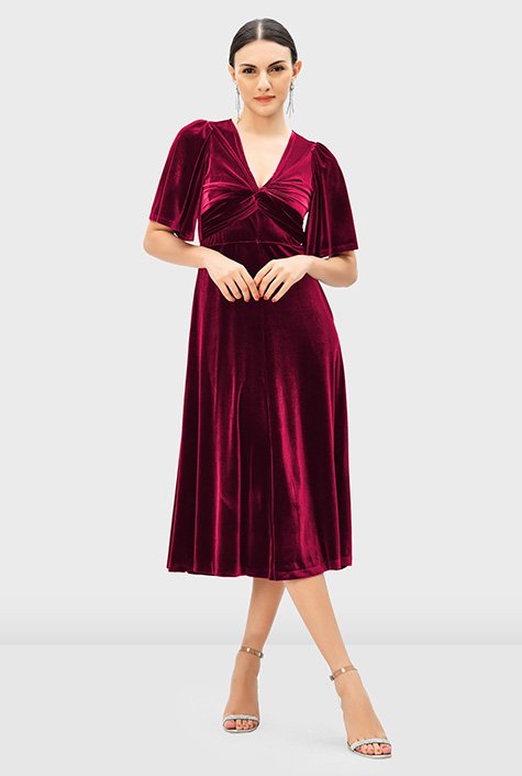 Flutter sleeve stretch velvet twist empire dress