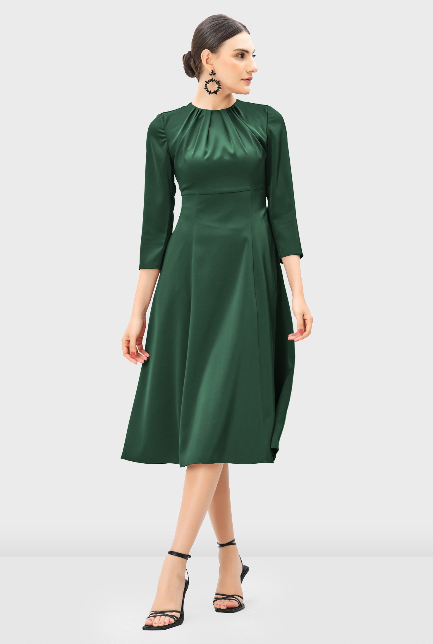 Shop Pleat neck satin crepe empire dress | eShakti