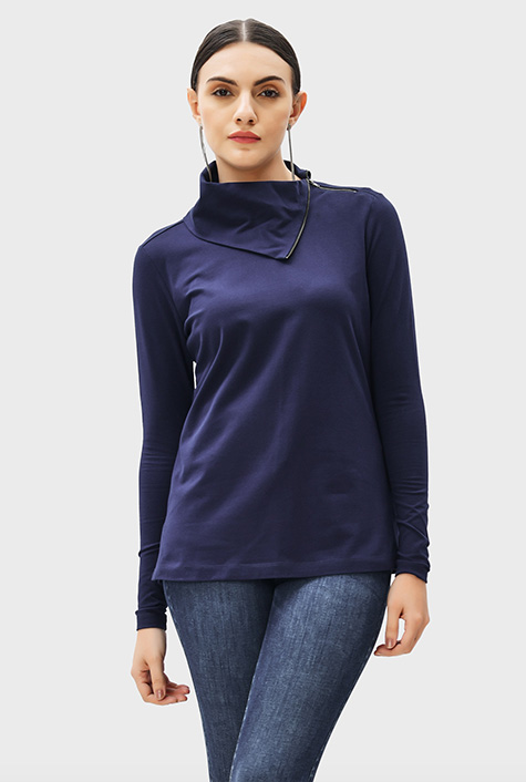 Shop Zip neck cotton jersey top | eShakti