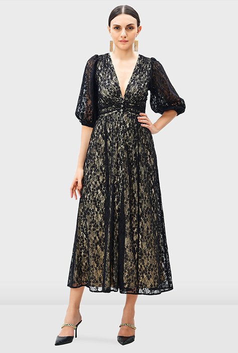 Shop Pleat waist floral lace dress | eShakti