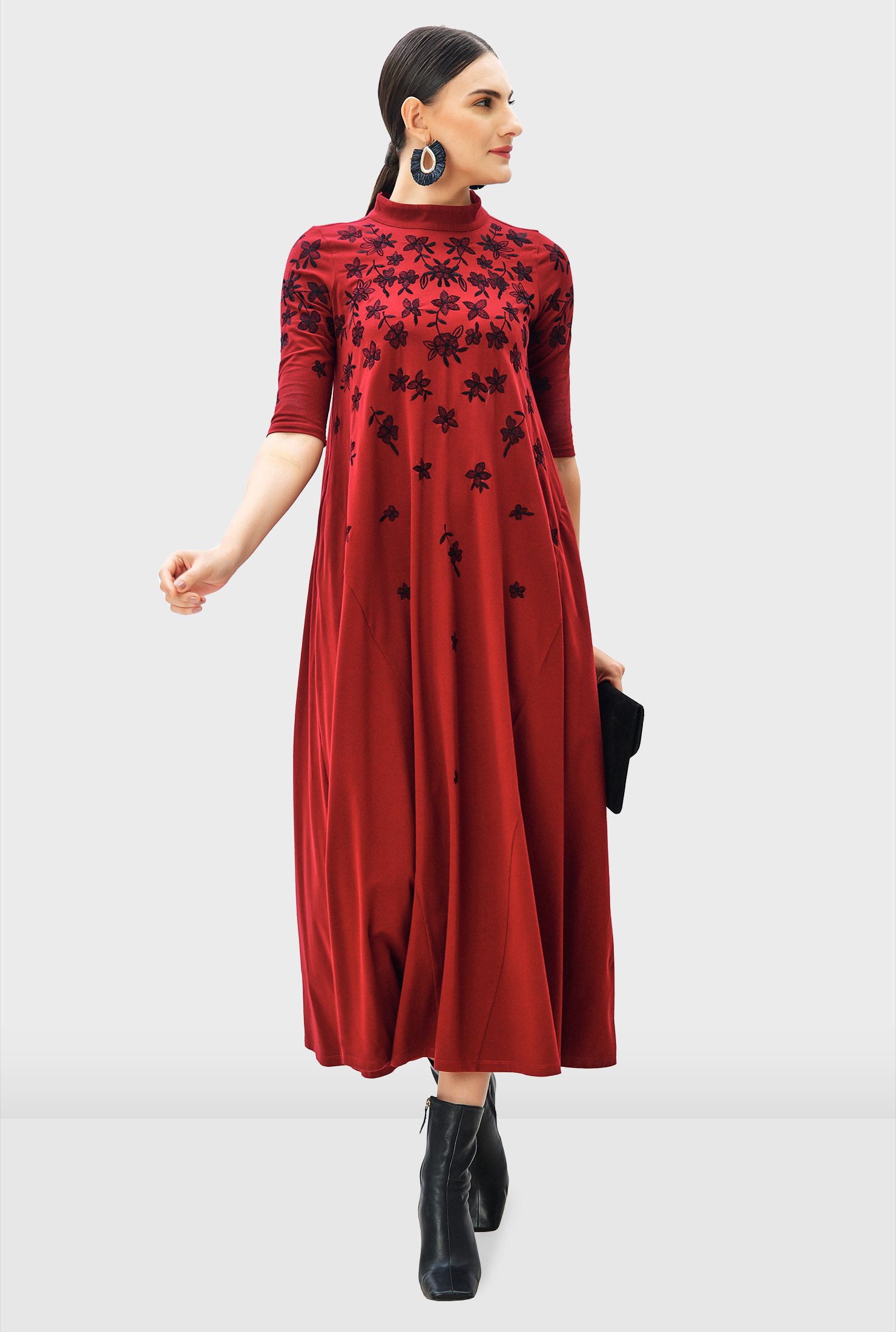 Floral embroidery cotton jersey A-line dress