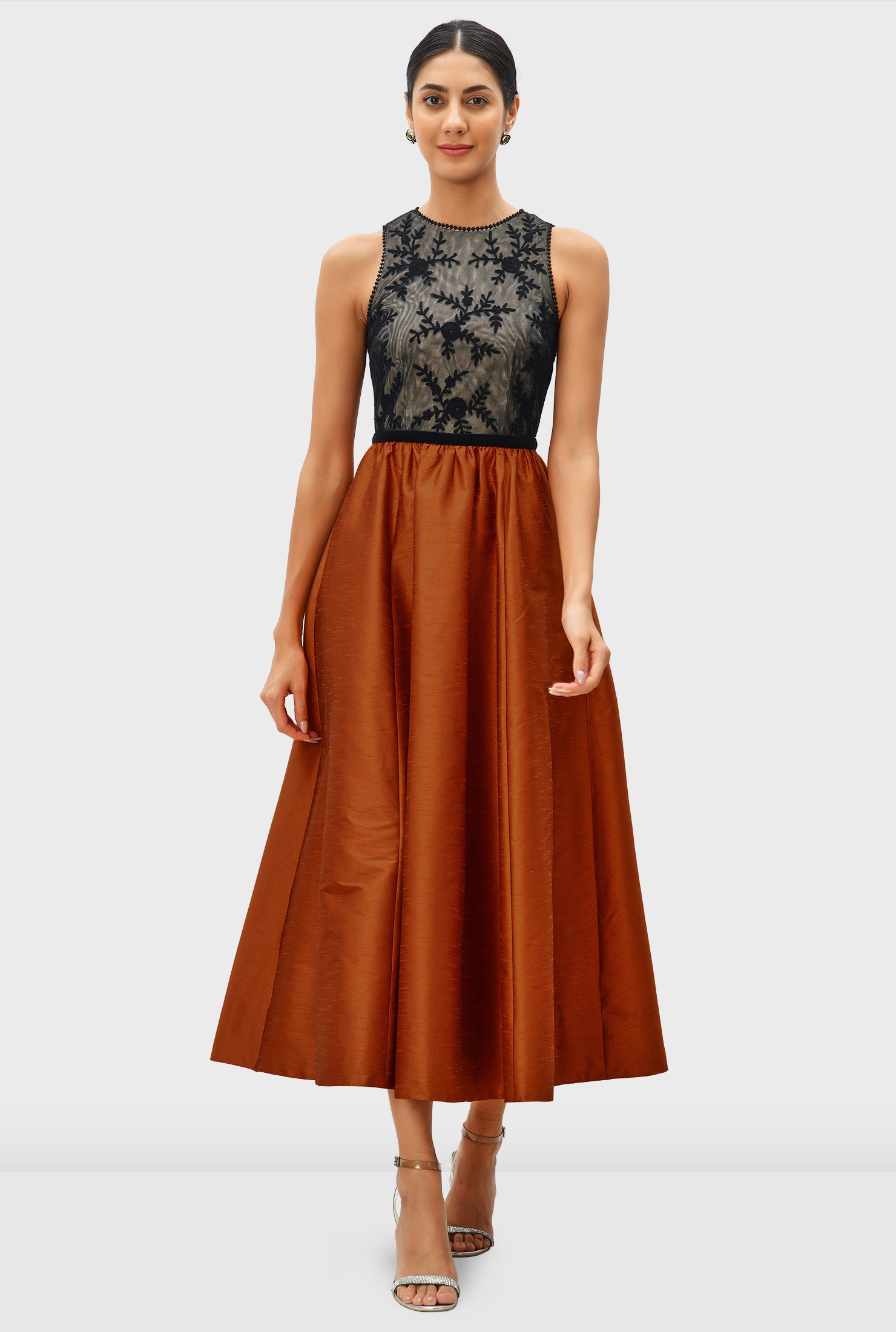Leafy vine embroidery tulle and dupioni dress