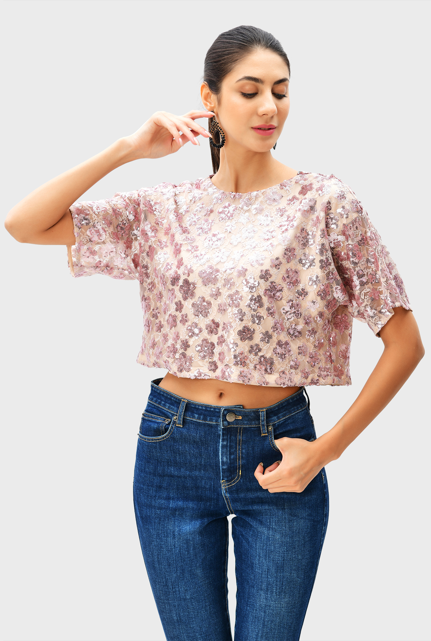 Shop Sequin embellished floral lace crop top eShakti