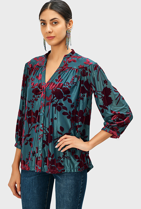 Shop Shirred floral velvet burnout shirt | eShakti
