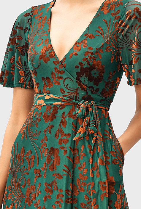 Shop Flutter sleeve floral velvet burnout wrap dress | eShakti