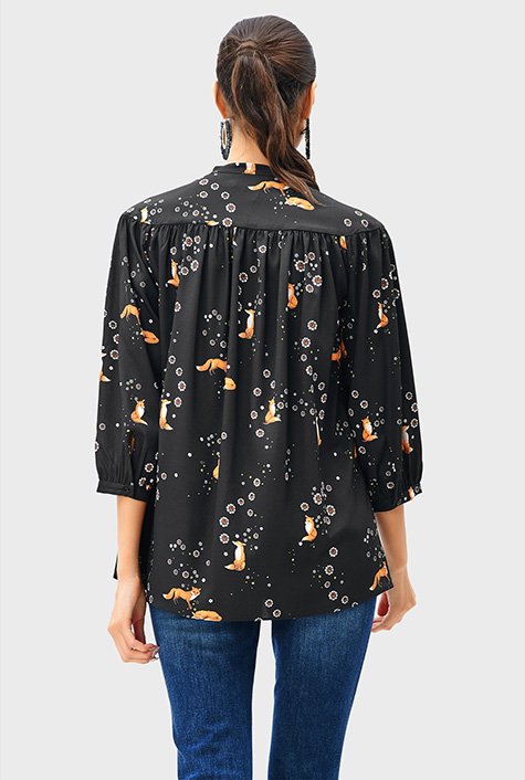 Shirred floral and fox print crepe shirt