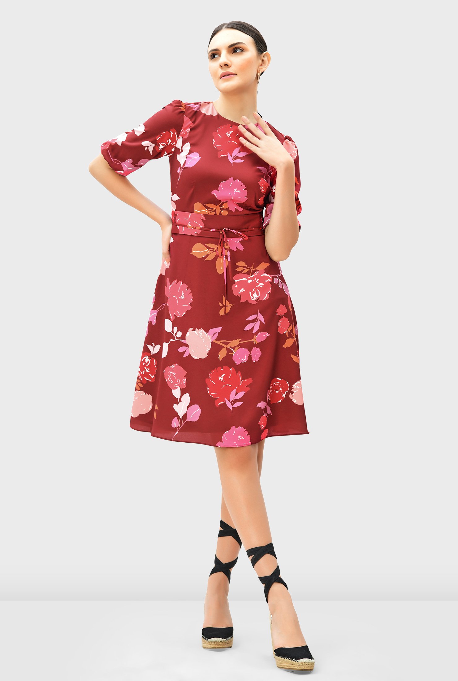 Shop Floral print crepe obi belt A-line dress