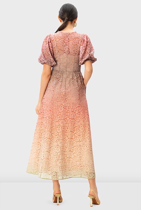 Eshakti Puff Sleeve Ombre Floral Lace Dress