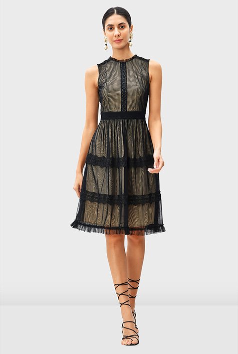 Lace embellished sheer tulle ruffle frill tiered dress