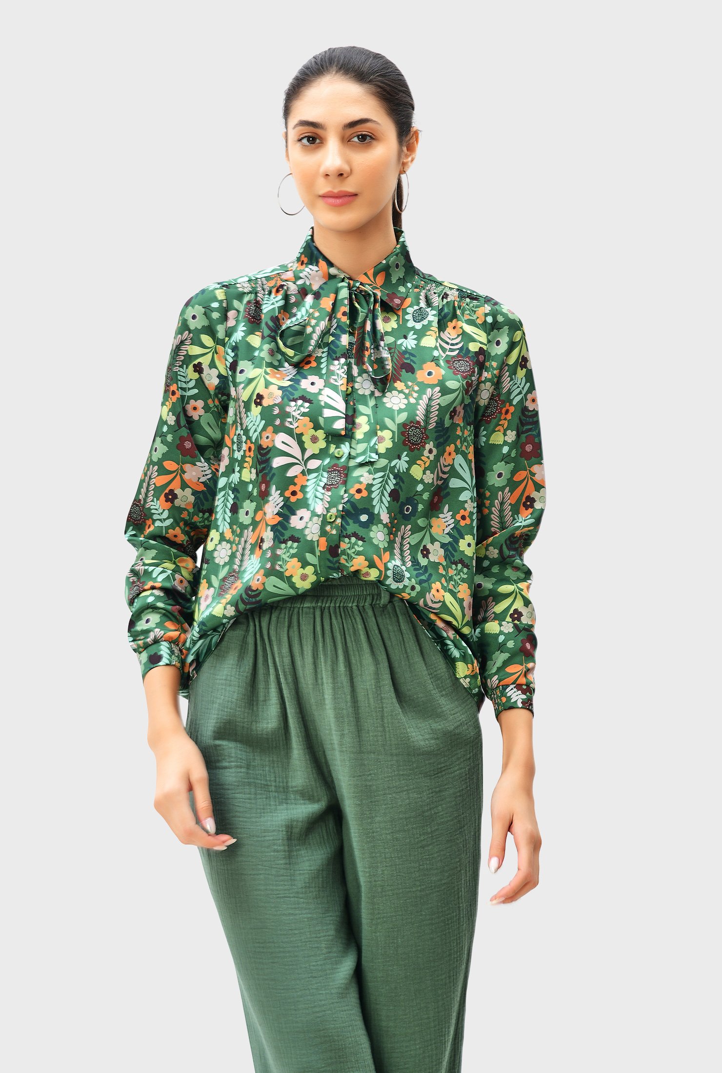 FETICO FLORAL PRINT SATIN PLEATED BLOUSE - シャツ/ブラウス(七分/長袖)