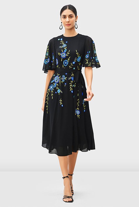Chiffon Flutter Sleeve Midi-Length Dress