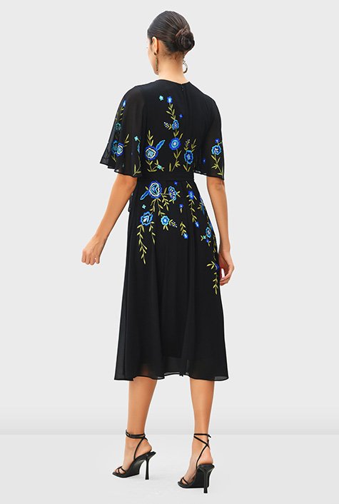 Flutter sleeve floral embroidery chiffon dress
