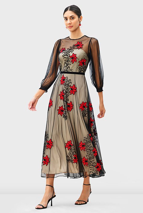 Shop Floral embroidery illusion tulle dress | eShakti