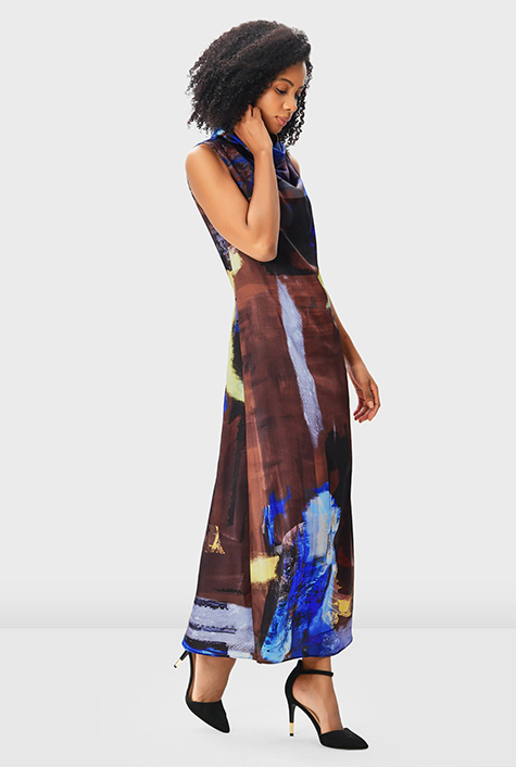 Shop Cowl neck graphic art print satin A-line dress | eShakti
