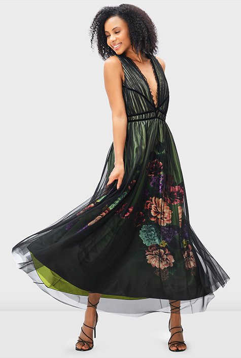 Empire-Waist Plunging-Neck Floral Embroidered Tulle Dress