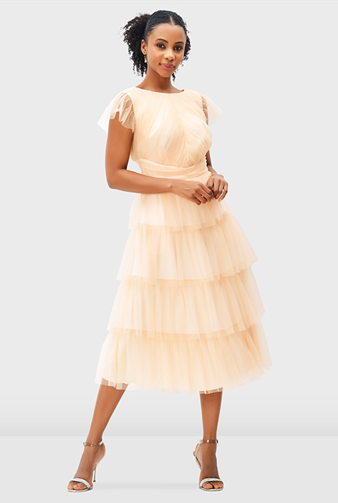 Shop Ruffle tier sheer mesh dress | eShakti