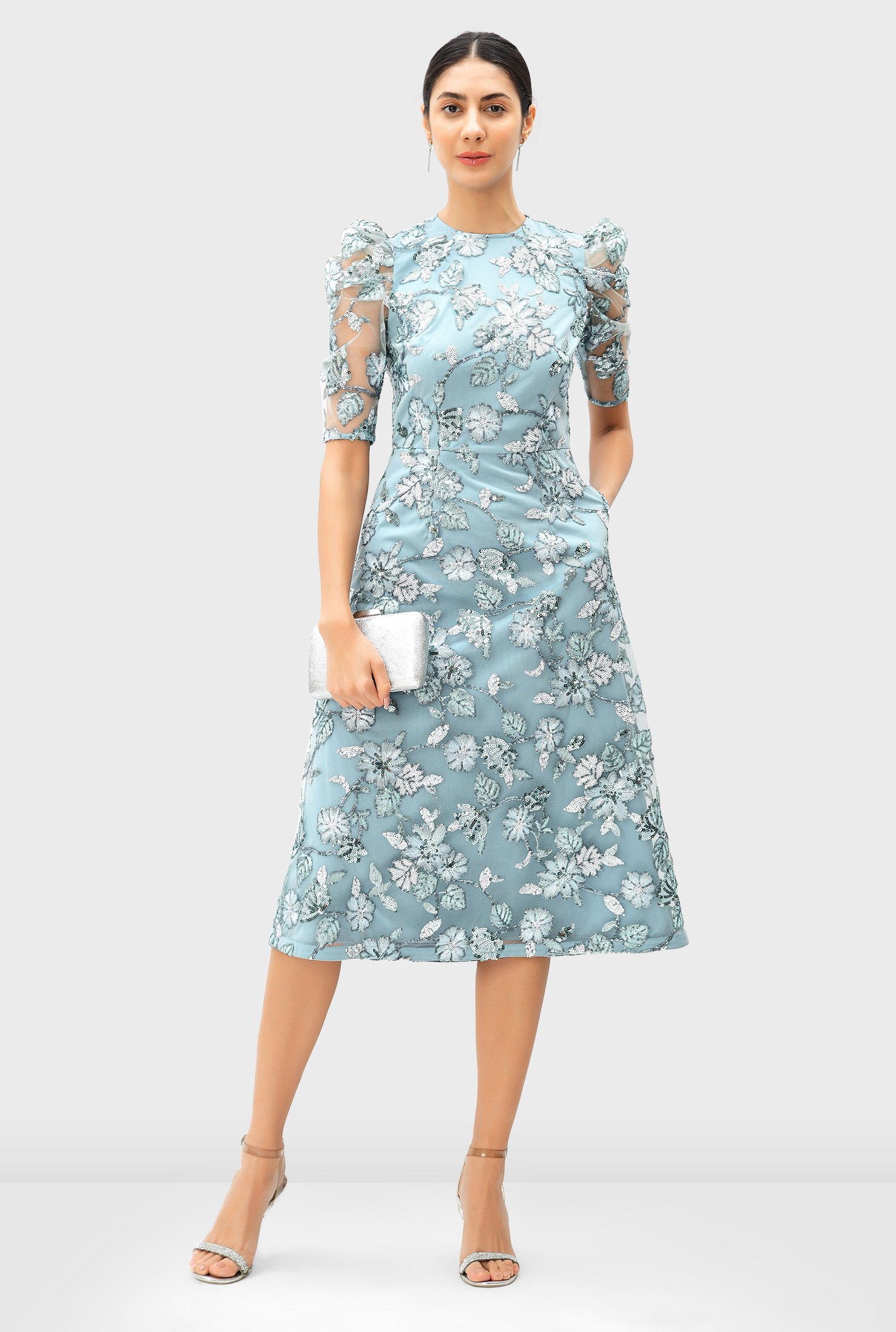 Floral sequin mesh A-line dress