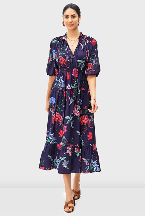 Shop Butterfly print georgette ruched tier dress