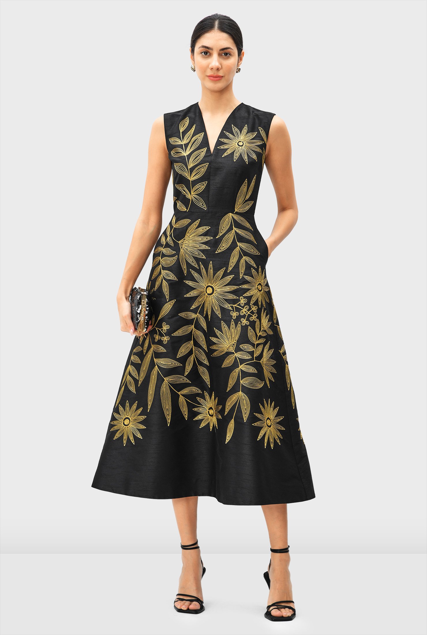 Gold buy Silk Dupioni Escargot Dress - Ikat Print in Metallic Gold on Eggshell White Background