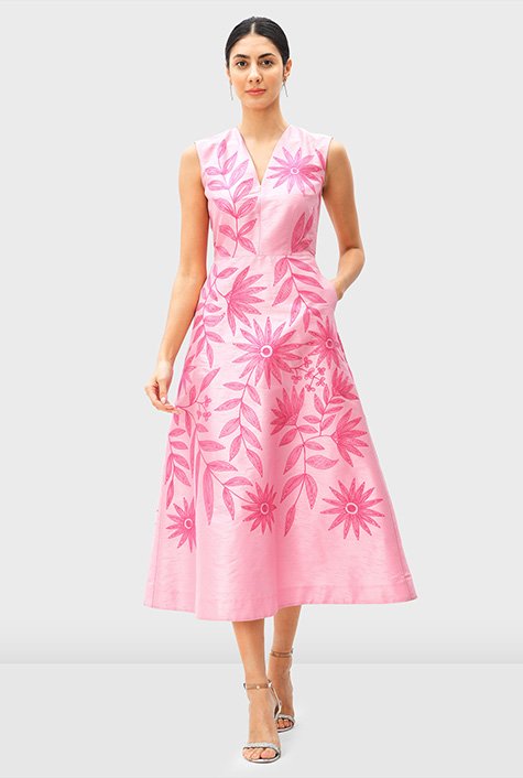 Shop Floral embroidery dupioni A-line dress | eShakti