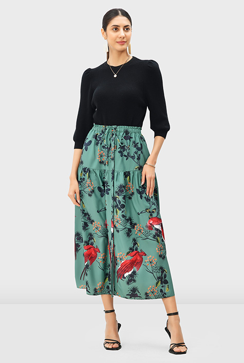 Shop Bird floral print crepe tiered skirt | eShakti