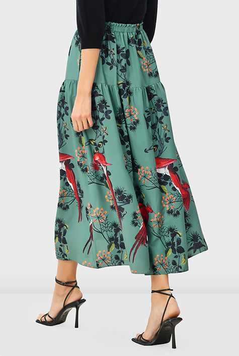 Shop Bird floral print crepe tiered skirt | eShakti