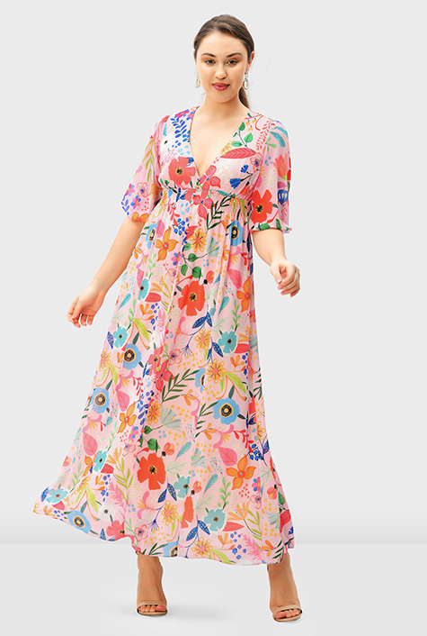 Shop Floral print georgette smocked waist dress | eShakti