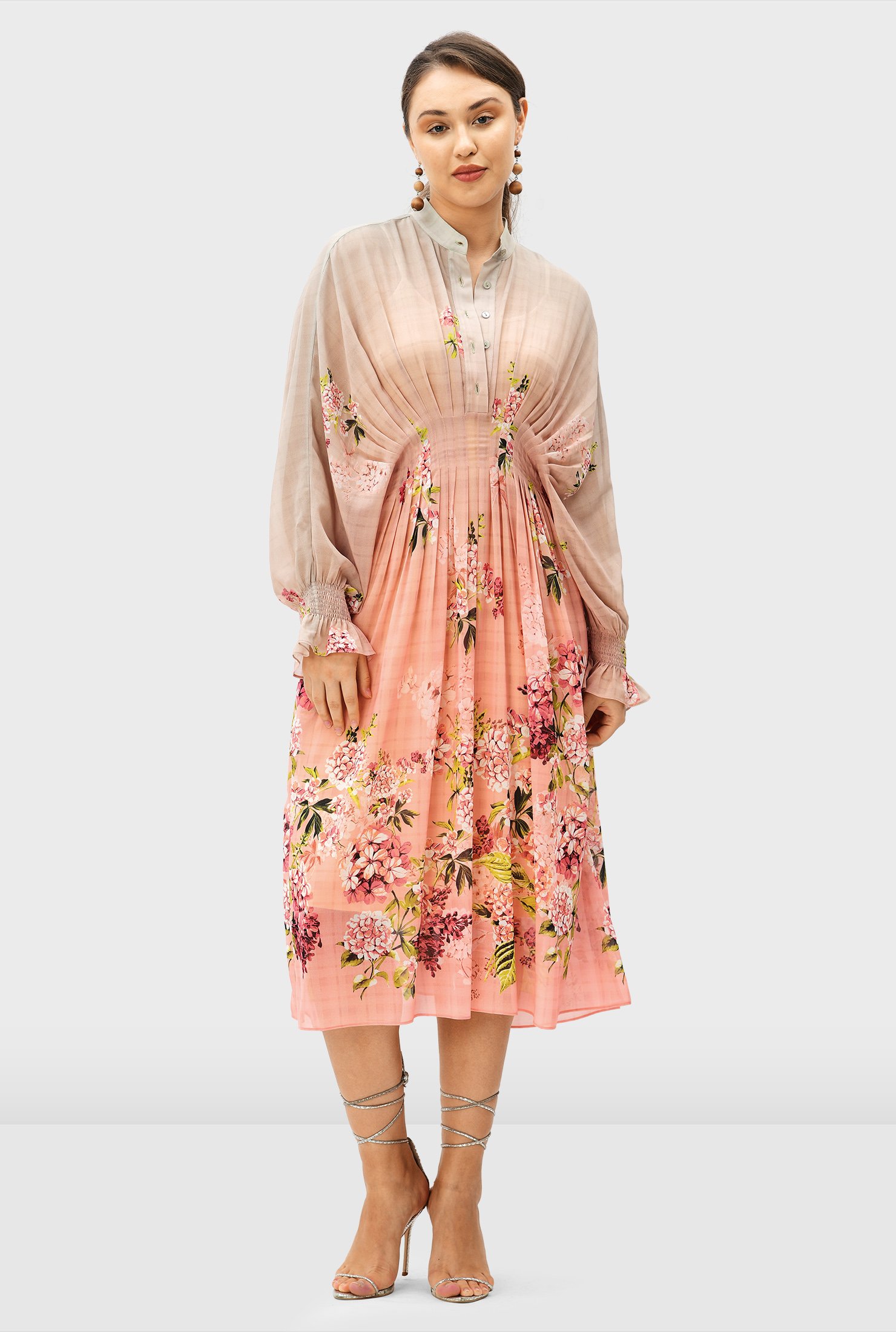 Ombre floral print georgette release pleat dress