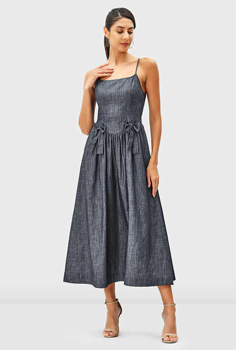 Shop Bow-tie drop waist cotton chambray dress eShakti