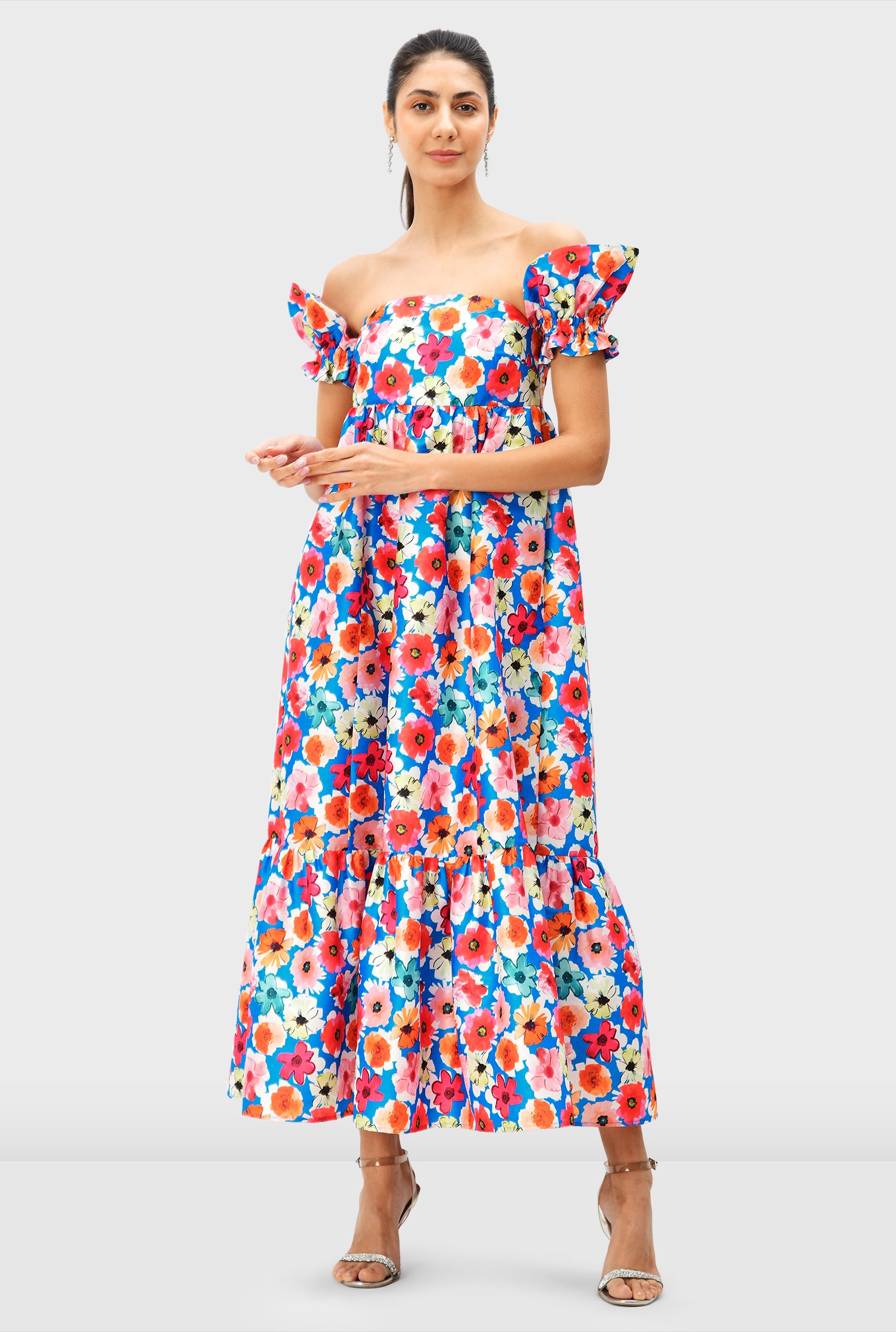 Shop Puff Sleeve Floral Print Dupioni Strapless Maxi Dress Eshakti 0012